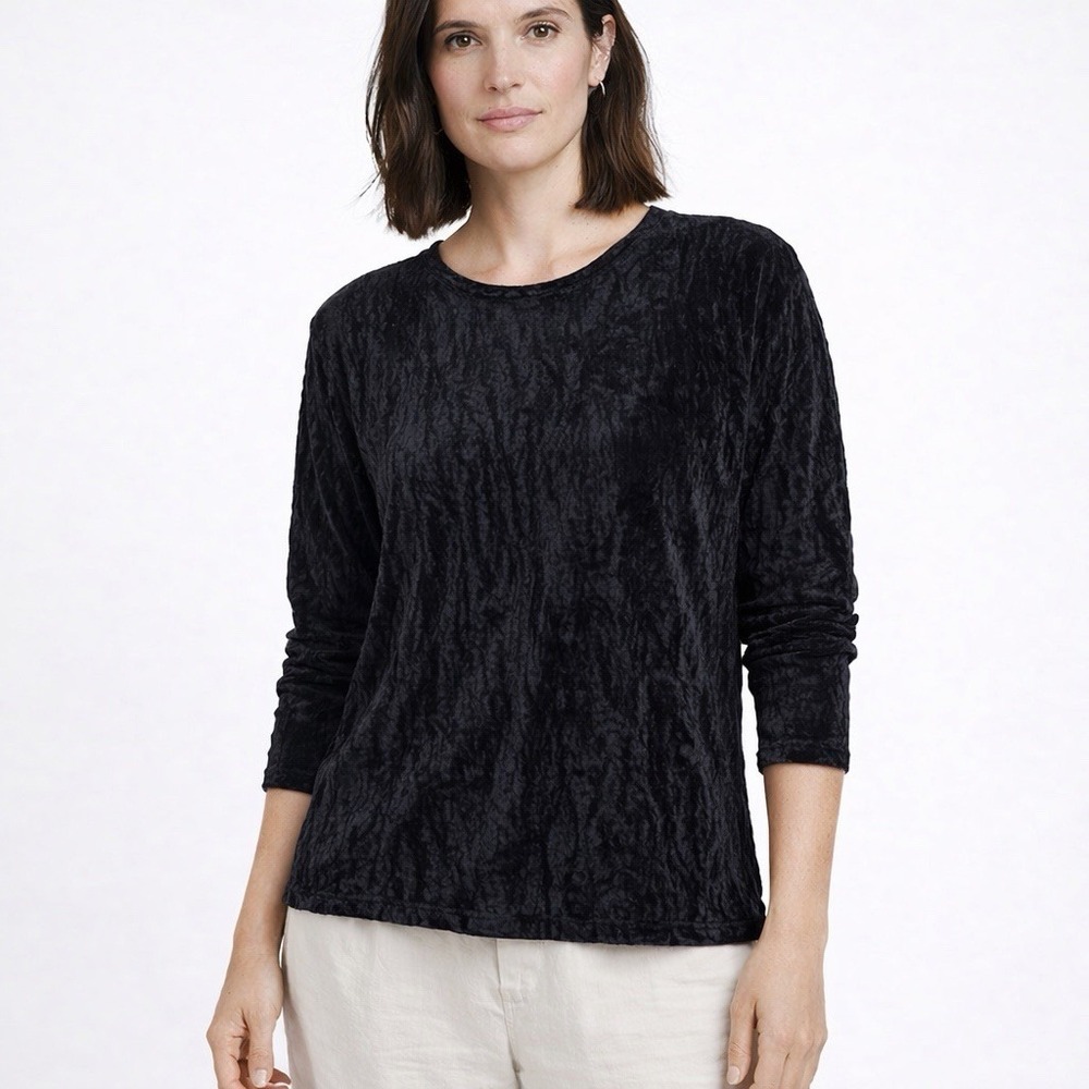CP Shades Crinkle Velvet Top Womens Large‎ Black Long Sleeve Boho Minimalist
